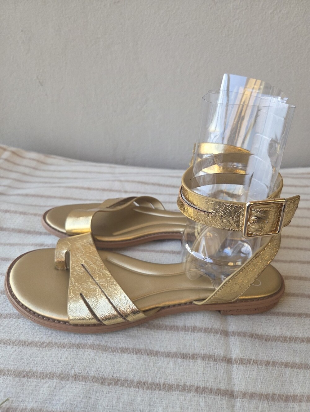 Franco Sarto Greene Ankle Strap Flat Sandals Sz 9.5 Gold Foil Metallic